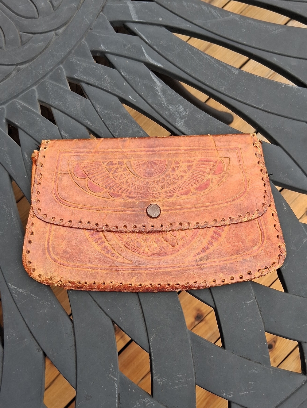 Handcrafted Tan Leather Clutch Wallet - Boho Embossed Design